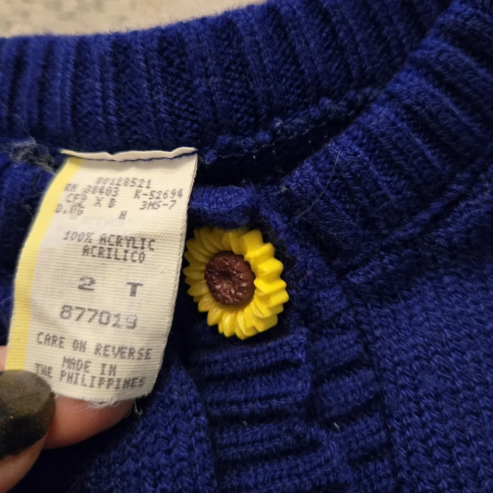Vintage 1990s Blue Sunflower Knit Cardigan Sweater